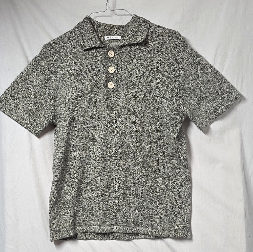 Zara Green and Beige Textured Polo Shirt Size M